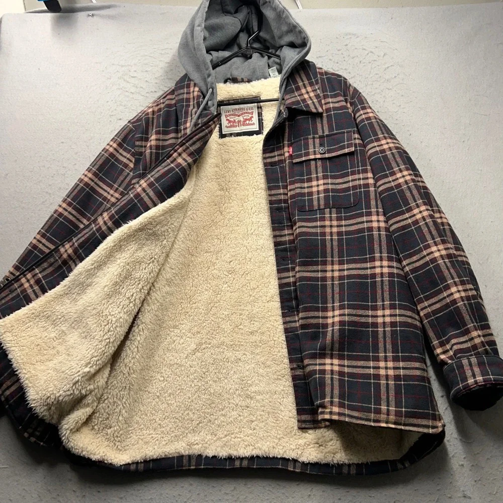 Levis Mens XL Plaid Flannel Sherpa Lined Hooded Shirt Jacket Navy Blue 2272